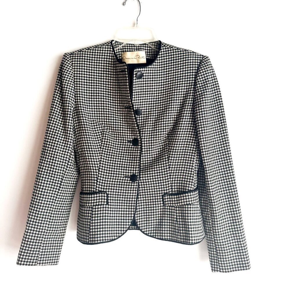 Vintage Oscar De La Renta Fine Houndstooth Cropped Wool Blazer XS